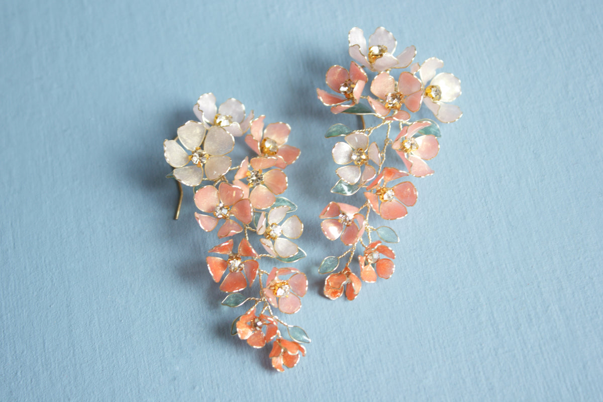 Coral & Ivory Floral Bridal Earrings | Botanical Statement Wedding Earrings