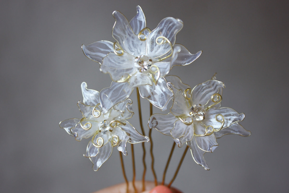 Edelweiss Flower Hair Fork Gold plated Pin Wedding Headpiece with Cubic Zirconia