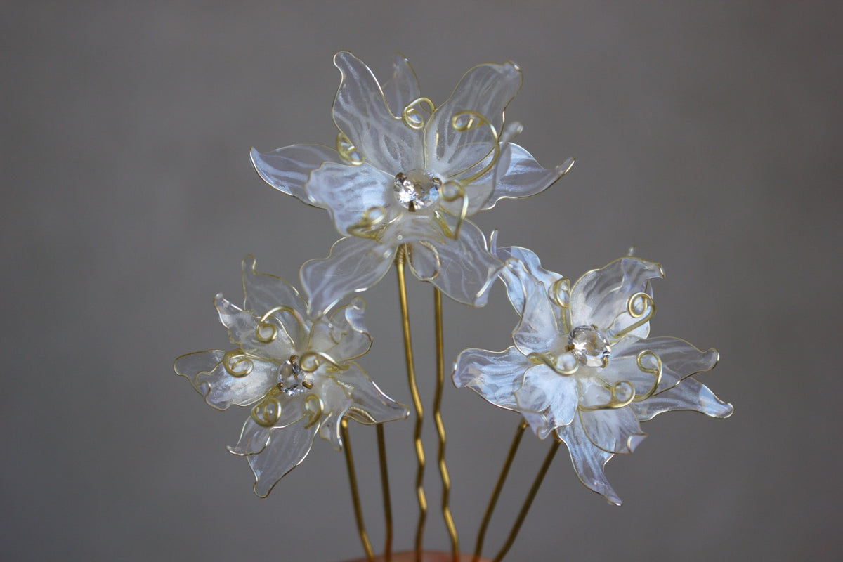 Edelweiss Flower Hair Fork Gold plated Pin Wedding Headpiece with Cubic Zirconia