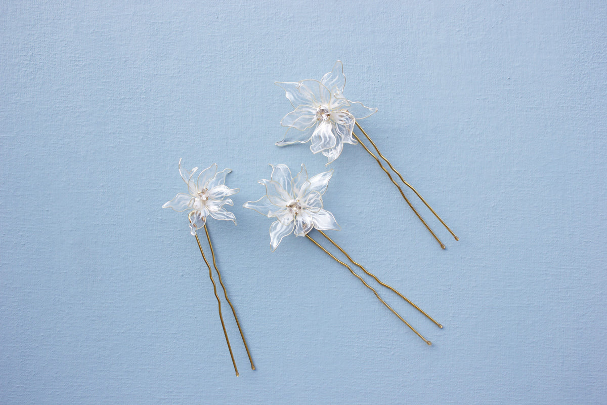Edelweiss Flower Hair Fork Gold plated Pin Wedding Headpiece with Cubic Zirconia