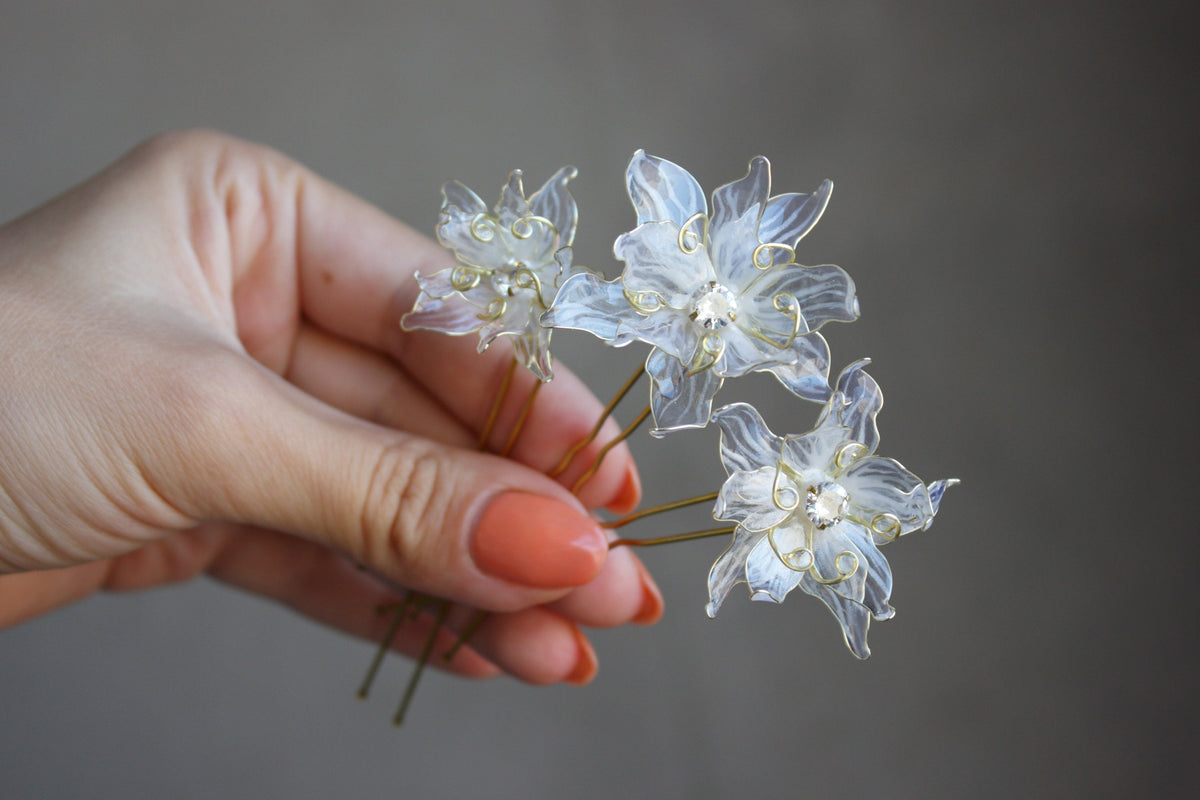 Edelweiss Flower Hair Fork Gold plated Pin Wedding Headpiece with Cubic Zirconia