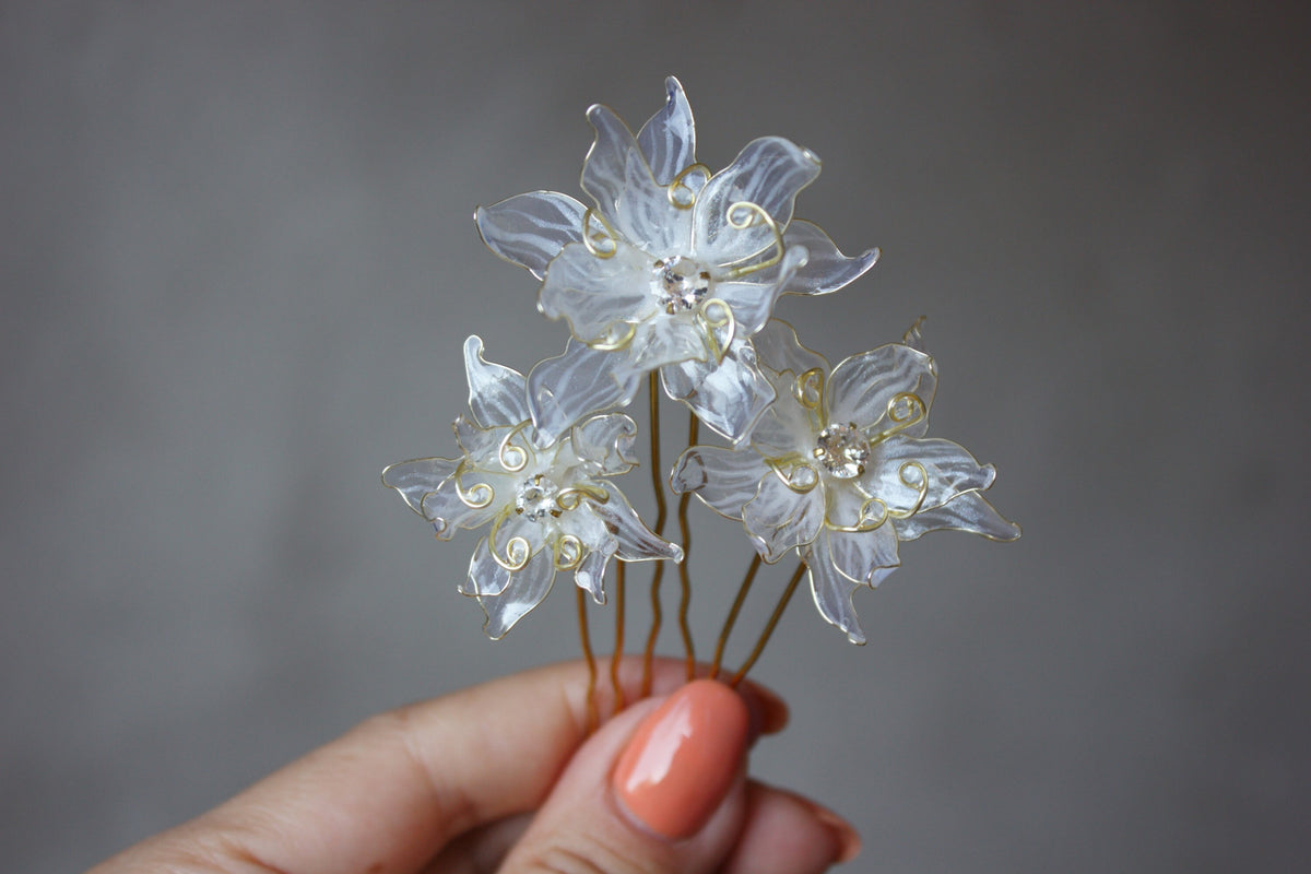 Edelweiss Flower Hair Fork Gold plated Pin Wedding Headpiece with Cubic Zirconia
